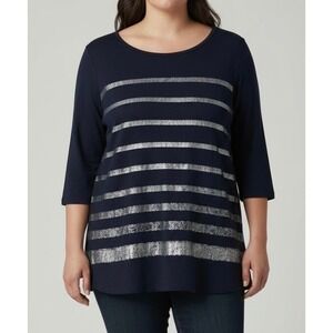 CJ Banks Womens 2X Navy Blue Silver Glitter Striped 3/4 Sleeve Scoop Neck Tunic